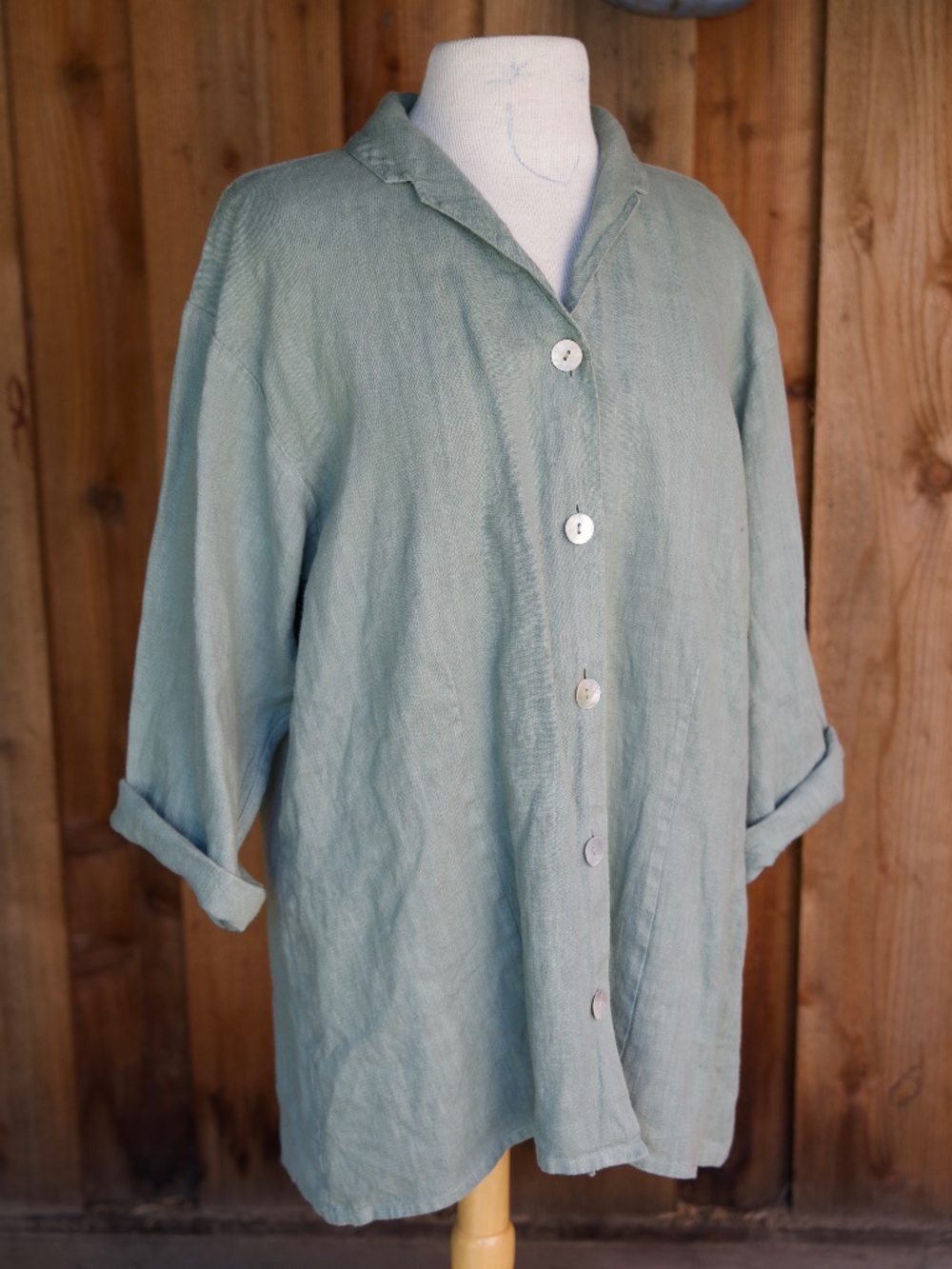 Habitat 100% Linen Sage Green Button Down Shirt Made In USA Woman's L/XL